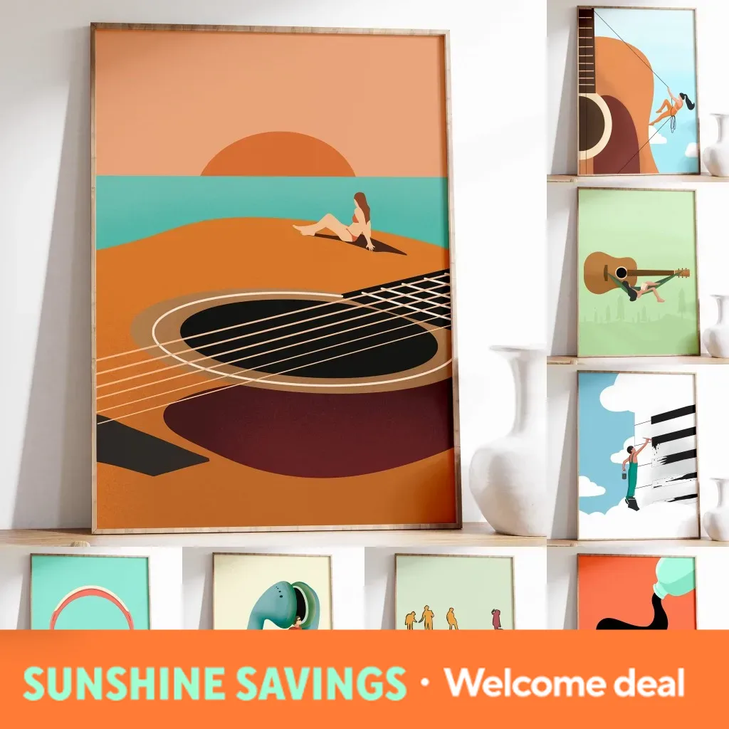 Musical Instrument Poster - ヴィンテージ音楽アート、ユーモラスな抽象的な楽器のキャンバス絵画、巨大なギターとピアノの鍵盤のポスター、ヘッドホンのプリント、インテリア装飾、壁画。
