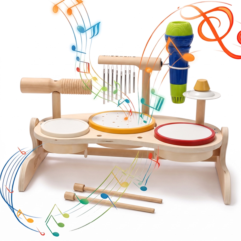 Musical Instrument Manufacturers - 子供用木製ドラムセット ミュージカルトイ モンテッソーリ教育用打楽器 シロフォン ミュージックテーブル おもちゃ