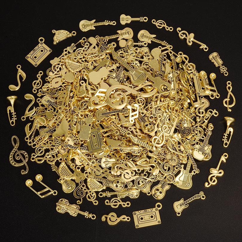 Musical Instrument Manufacturers - アンティーク合金音符チャーム,レトロなゴールドカラー,ギター楽器,ランダムミキシングペンダント,日曜大工用品,10個,20個,30個