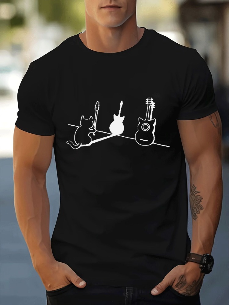 ミニマルラインアートメンズネイビー半袖コットンTシャツ猫とエ - Musical Instrument Poster のレビューと価格